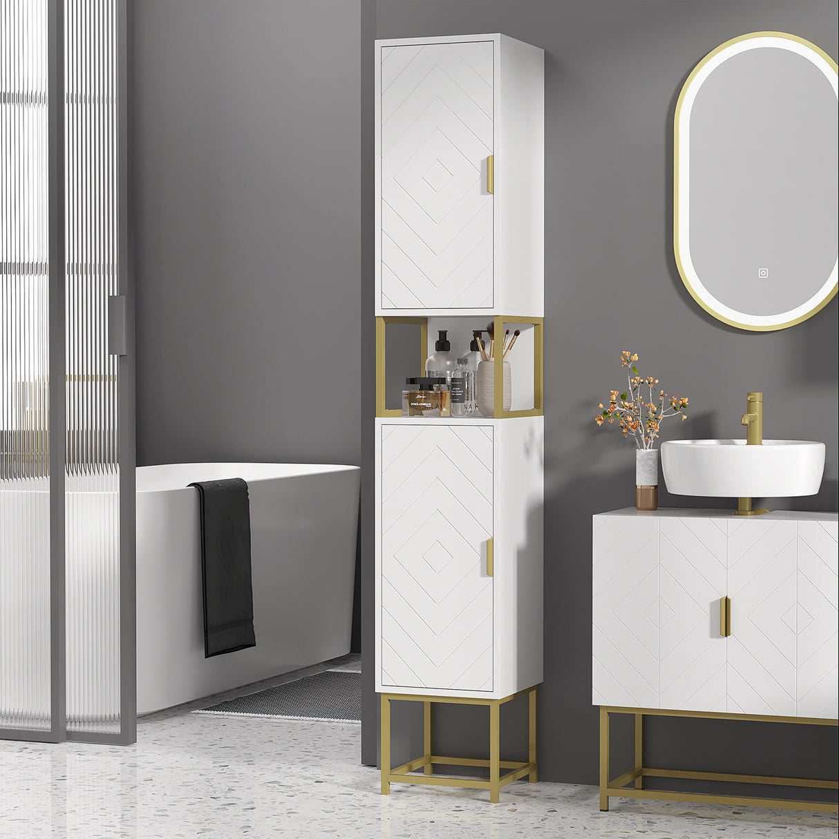 easycomfort easycomfort colonna bagno con 2 armadietti e ripiano in mdf e acciaio 30x30x170 7cm bianco e oro