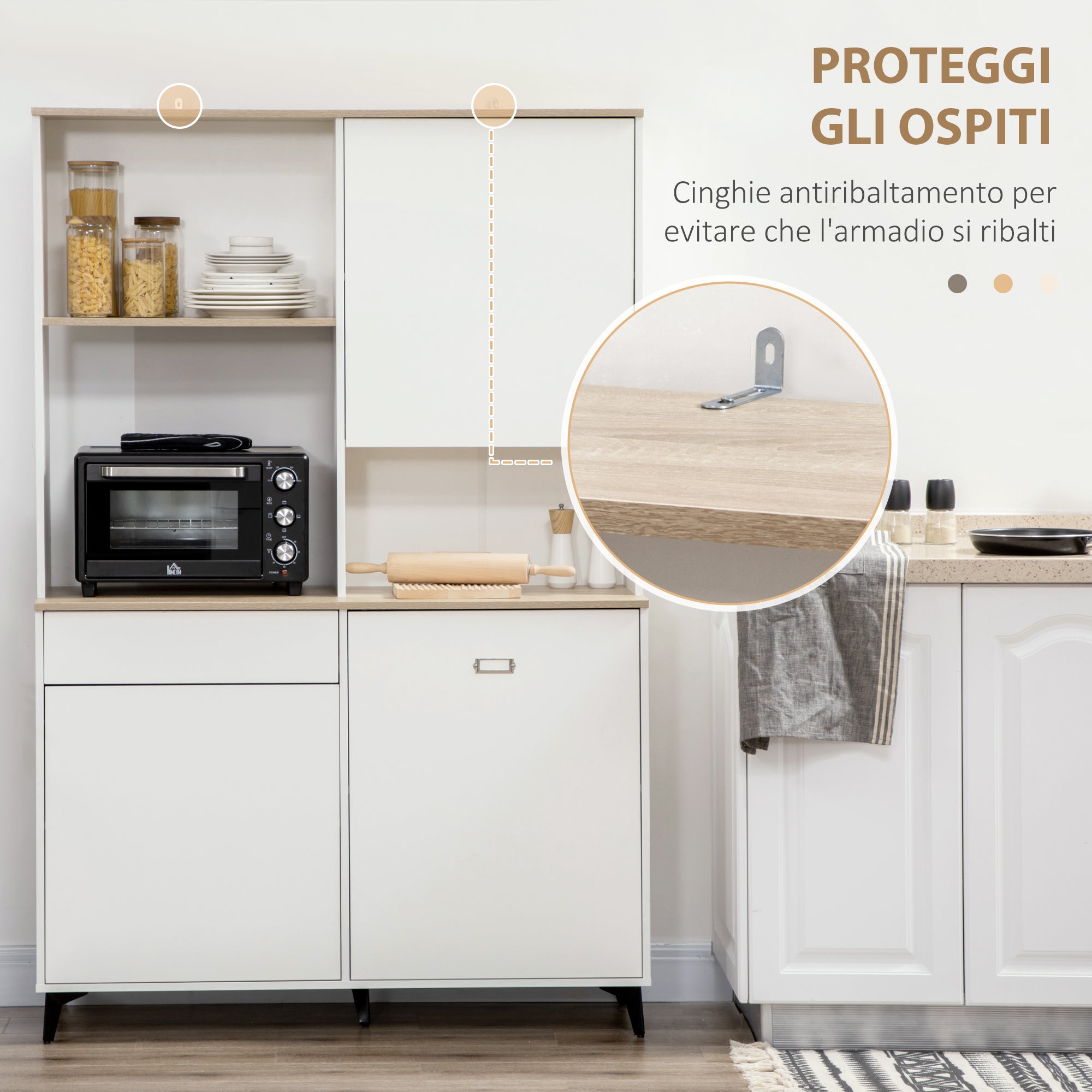EASYCOMFORT Dispensa Cucina in Truciolato e MDF con Ripiani Aperti,  Armadietti e Cassetto, 119x41x180 cm, Bianco