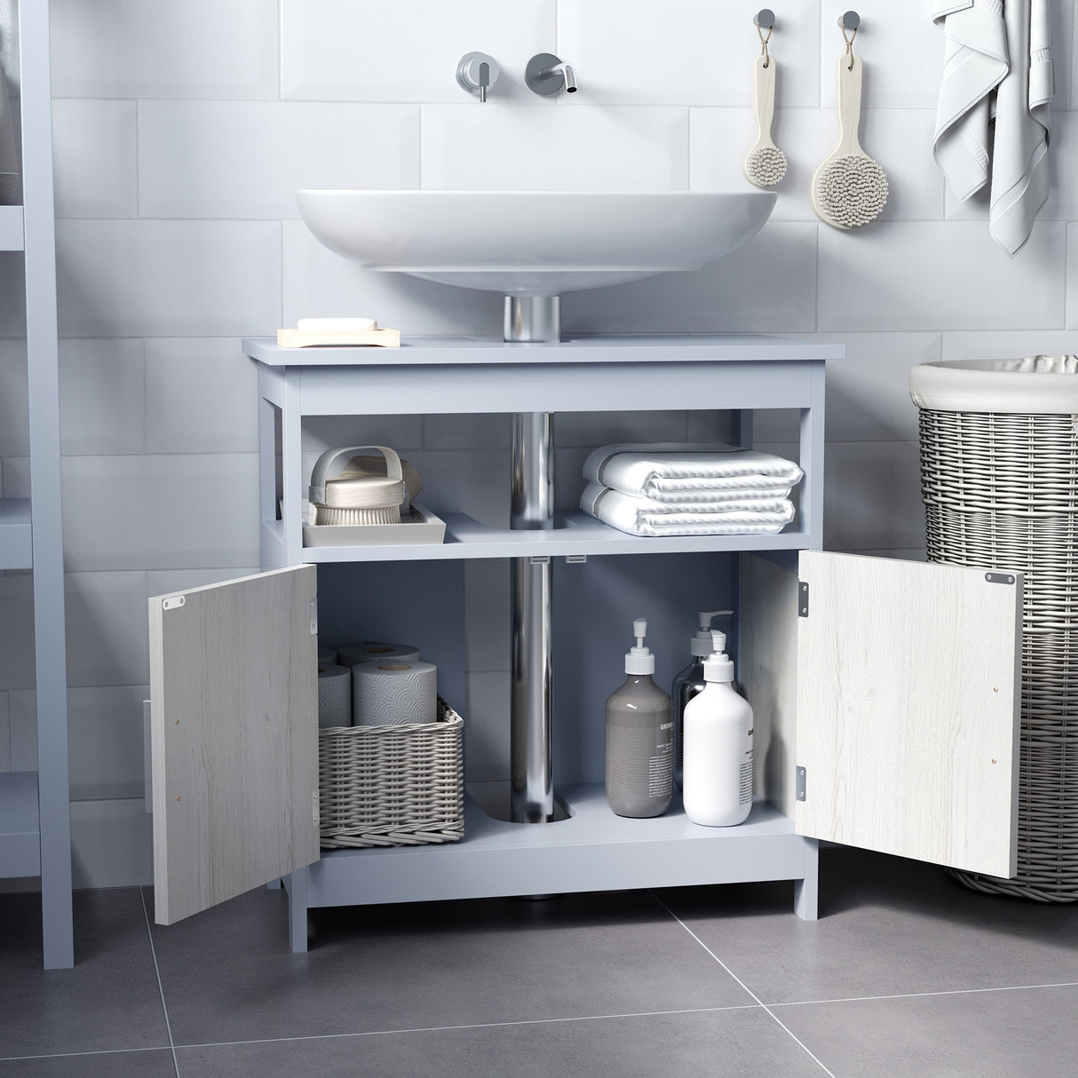 easycomfort easycomfort mobile sottolavabo bagno con armadietto e ripiano aperto 60x30x62cm grigio e legno naturale