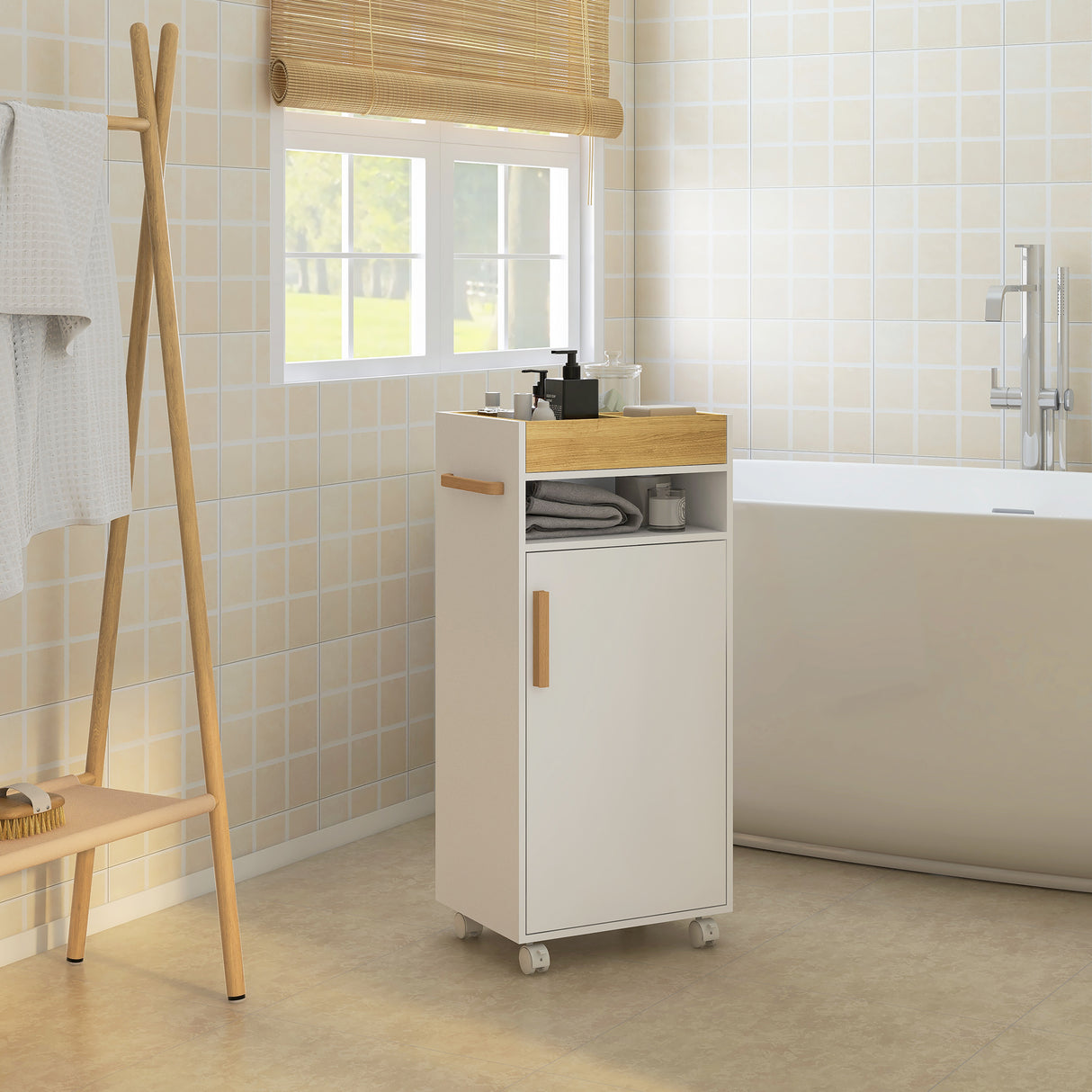 easycomfort easycomfort mobiletto bagno con vassoio rimovibile ripiano aperto e armadietto chiuso in truciolato 40x30x88 cm bianco
