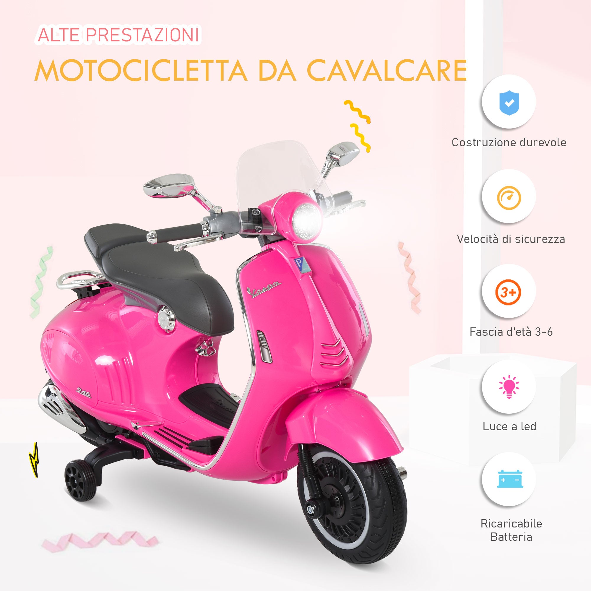 EASYCOMFORT Moto Elettrica per Bambini con Licenza Ufficiale Vespa, 2  Rotelle, Luci e Suoni, 108x49x75 cm, Rosa