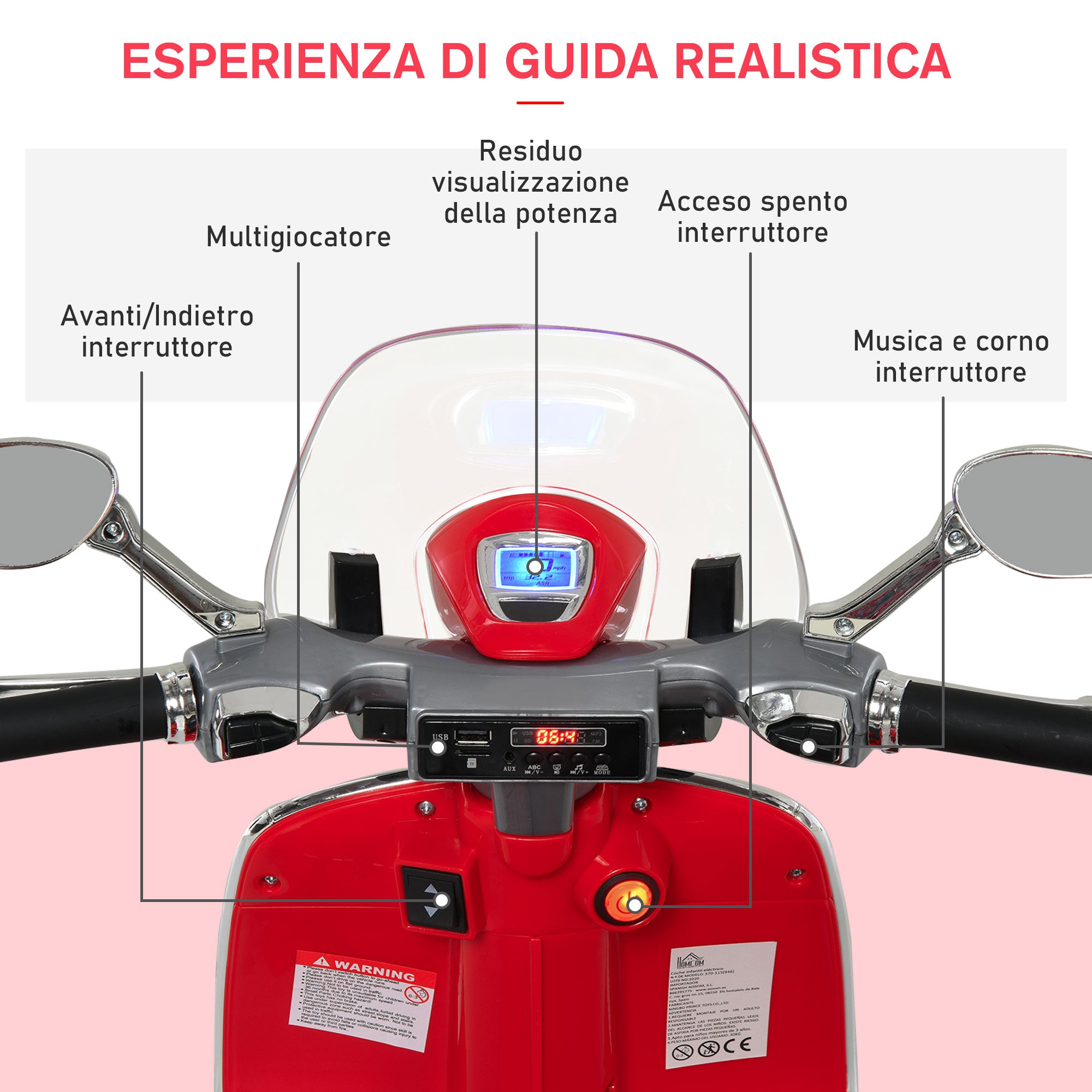 EASYCOMFORT Moto Elettrica per Bambini con Licenza Ufficiale Vespa, 2  Rotelle, Luci e Suoni, 108x49x75 cm, Rossa