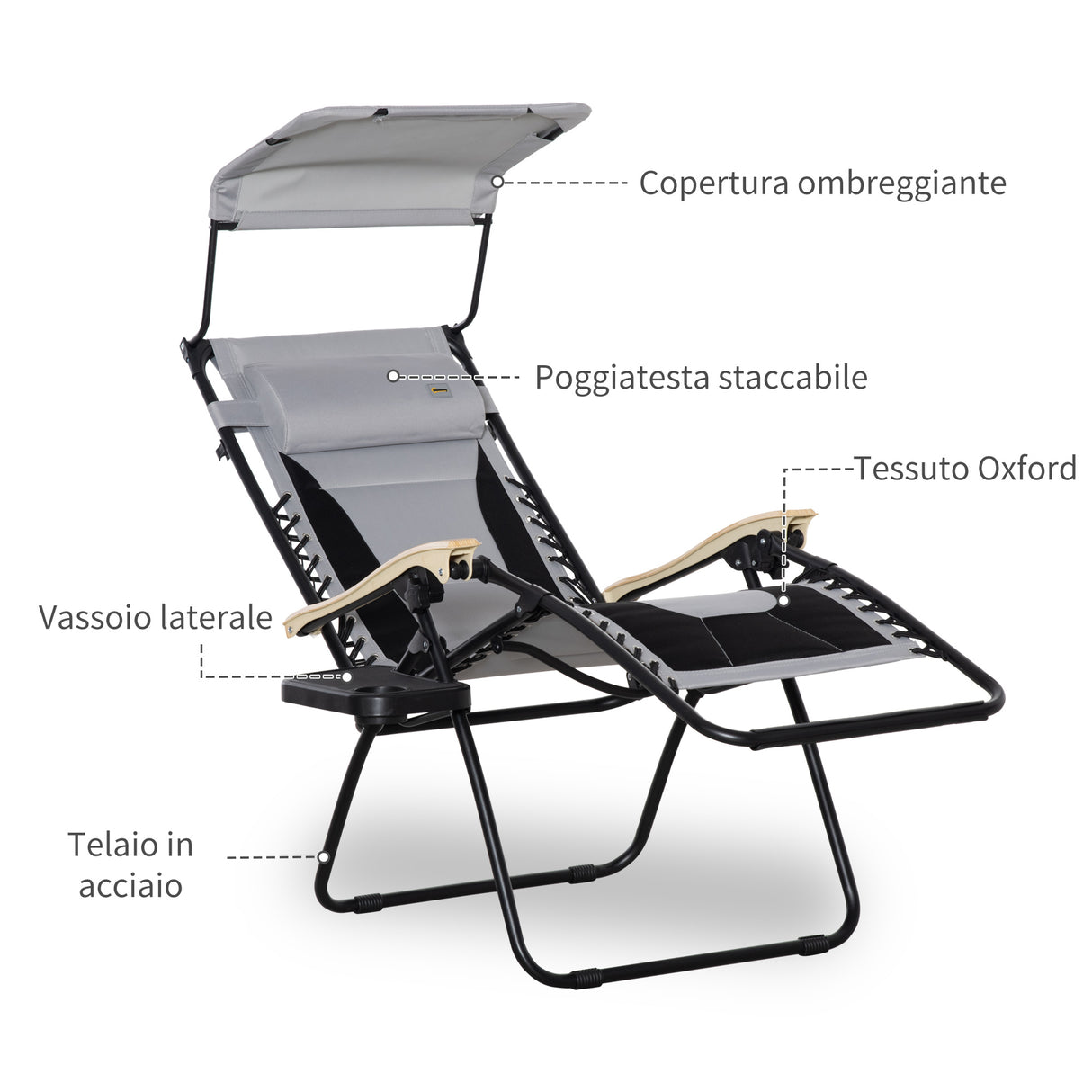 easycomfort easycomfort sedia sdraio da giardino zero gravity pieghevole e reclinabile con tettuccio poggiatesta e porta bicchieri grigio chiaro