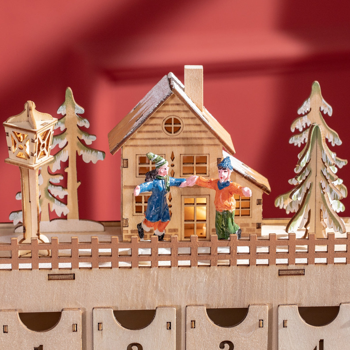 easycomfort easycomfort calendario avvento di natale rettangolare con motivi a tema e 12 luci a led 22x9x30 cm in compensato arancione