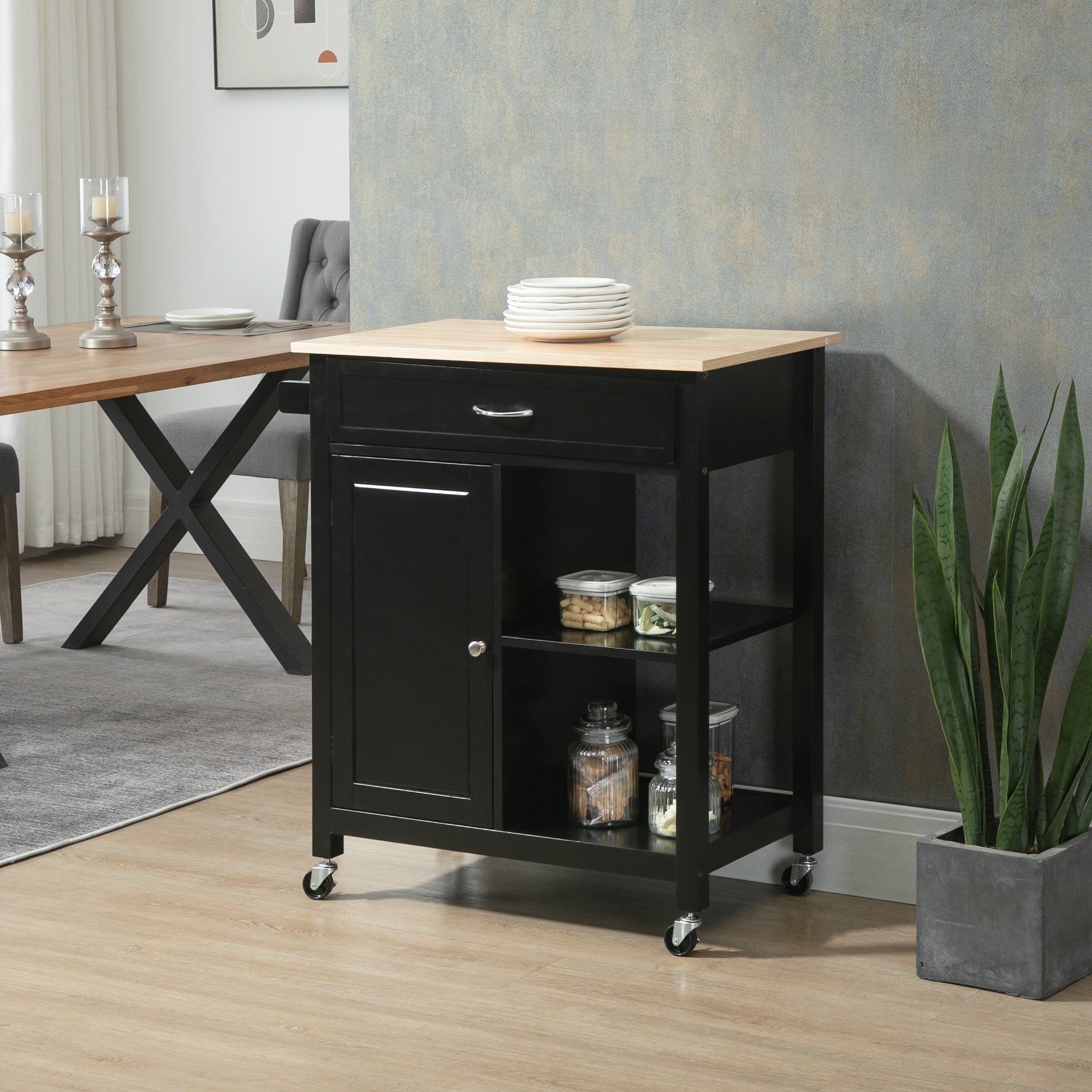 EASYCOMFORT Carrello da Cucina in Legno con Cassetto, Armadietto e Ruote,  83x45x88cm, Nero