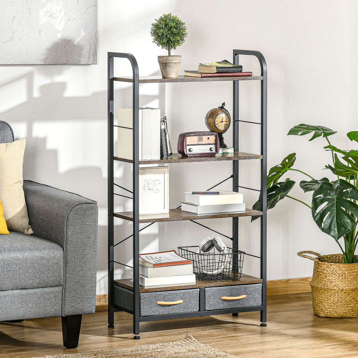 easycomfort easycomfort mobile libreria con 4 scaffali e 2 cassetti in truciolato acciaio e tessuto effetto lino 64x27 5x121 cm