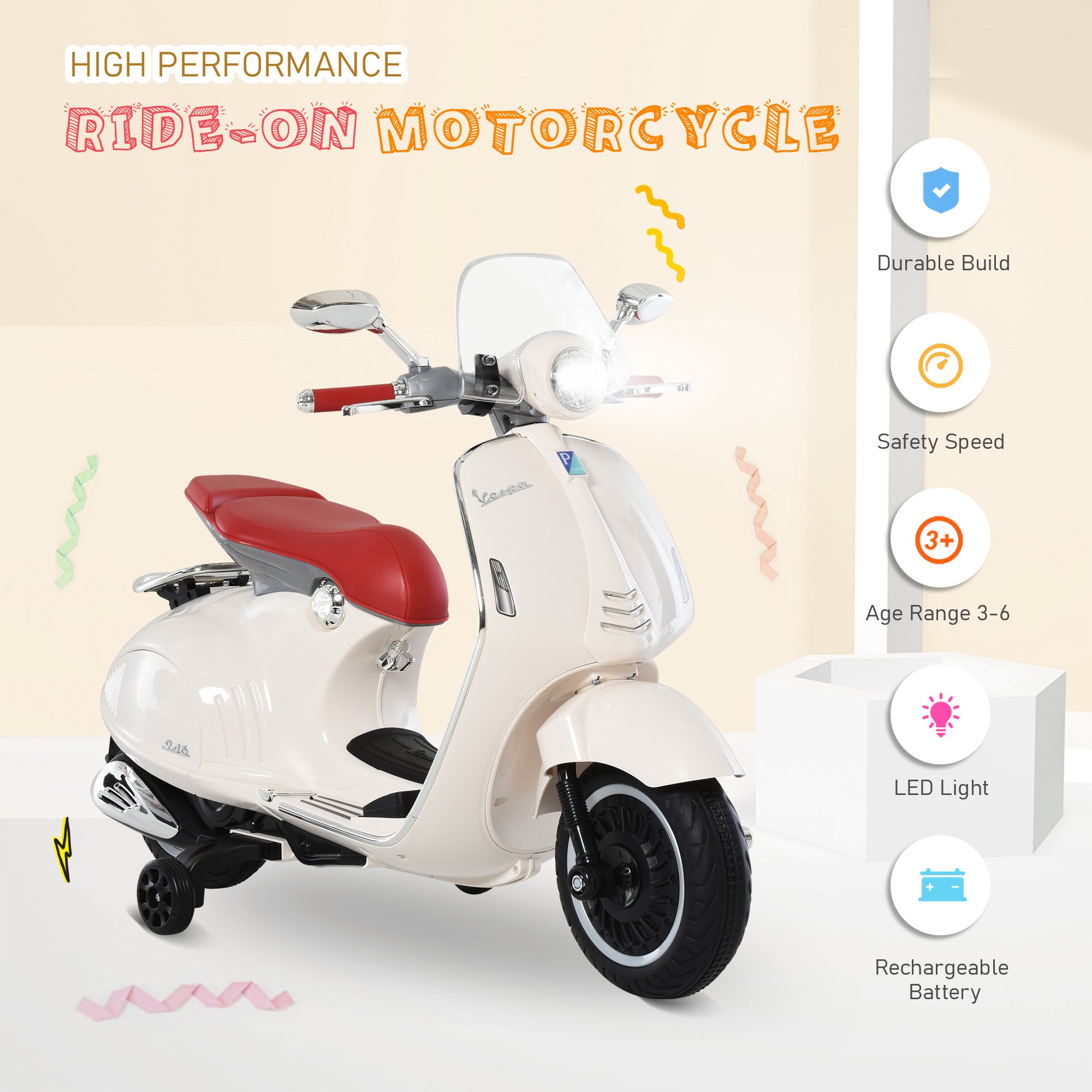 EASYCOMFORT Moto Elettrica per Bambini con Licenza Ufficiale Vespa, 2  Rotelle, Luci e Suoni, 108x49x75 cm, Bianca